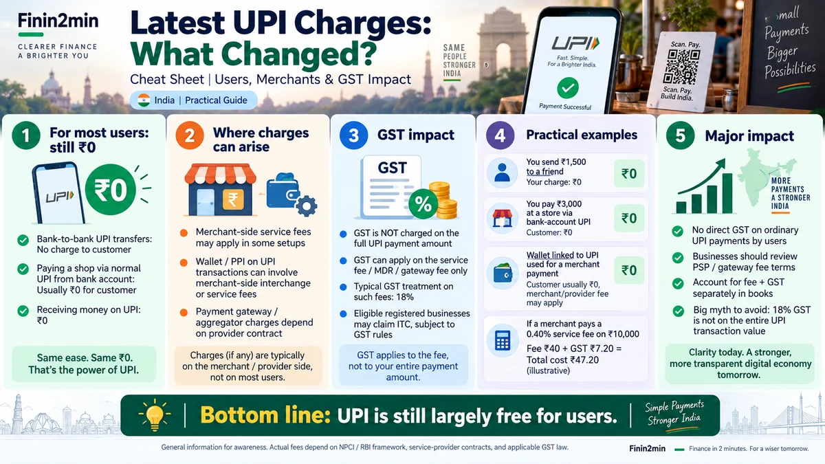 Finin2min cheat sheet explaining UPI charges, MDR and GST impact from October 2026