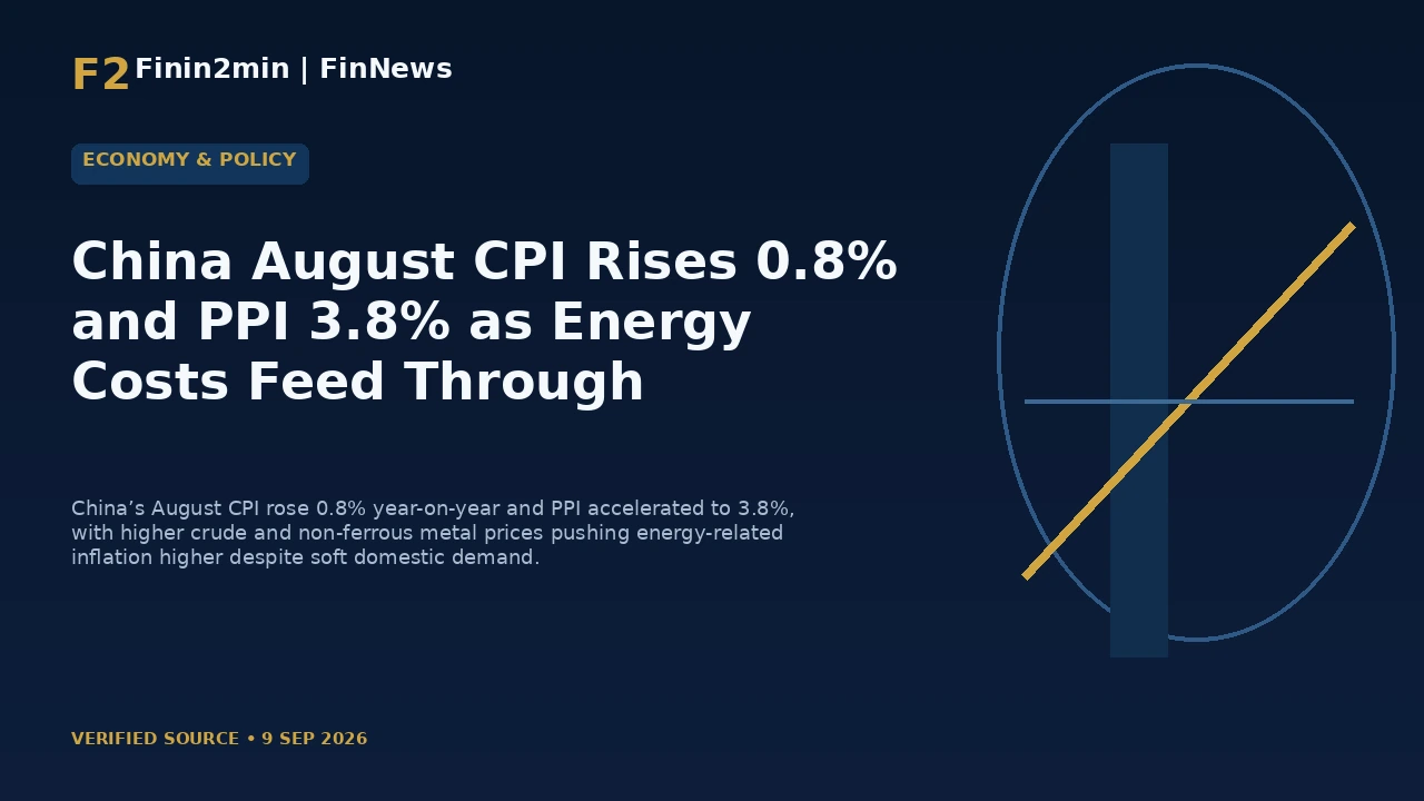 China August CPI Rises 0.8% and PPI 3.8% as Energy Costs Feed Through