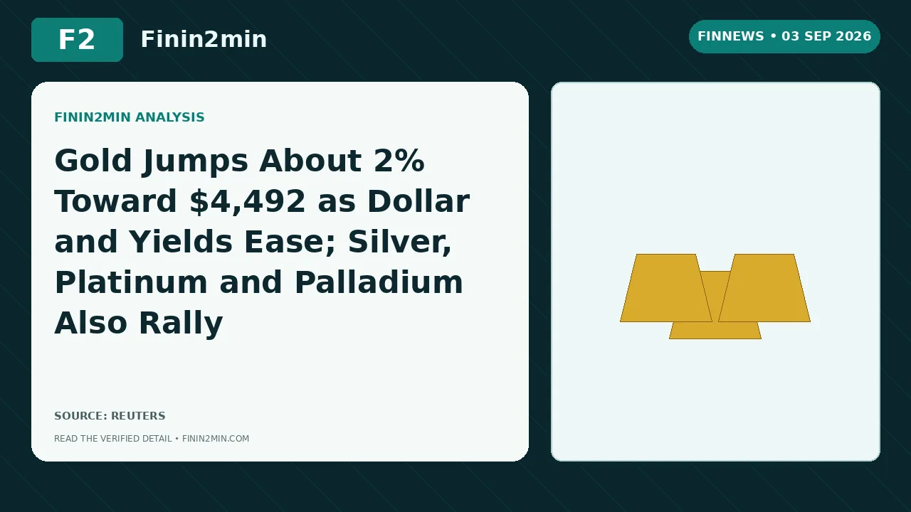 Gold Jumps About 2% Toward $4,492 as Dollar and Yields Ease; Silver, Platinum and Palladium Also Rally