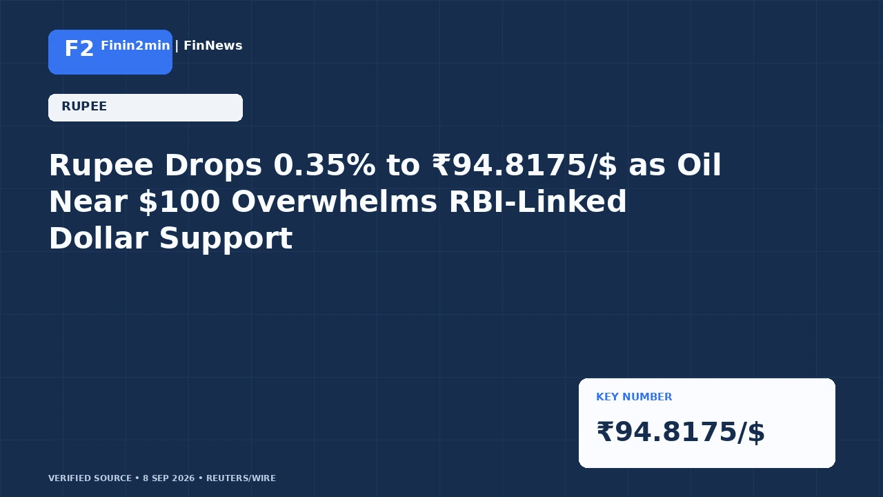 Rupee Drops 0.35% to ₹94.8175/$ as Oil Near $100 Overwhelms RBI-Linked Dollar Support