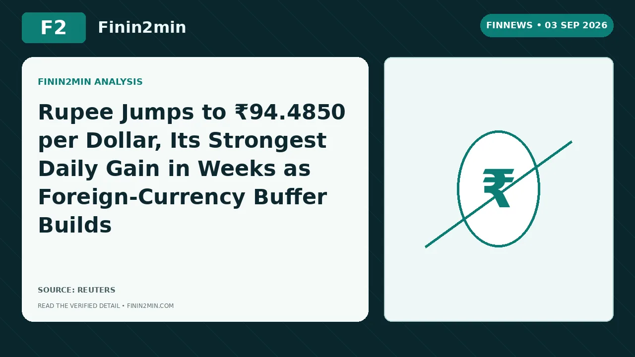 Rupee Jumps to ₹94.4850 per Dollar, Its Strongest Daily Gain in Weeks as Foreign-Currency Buffer Builds