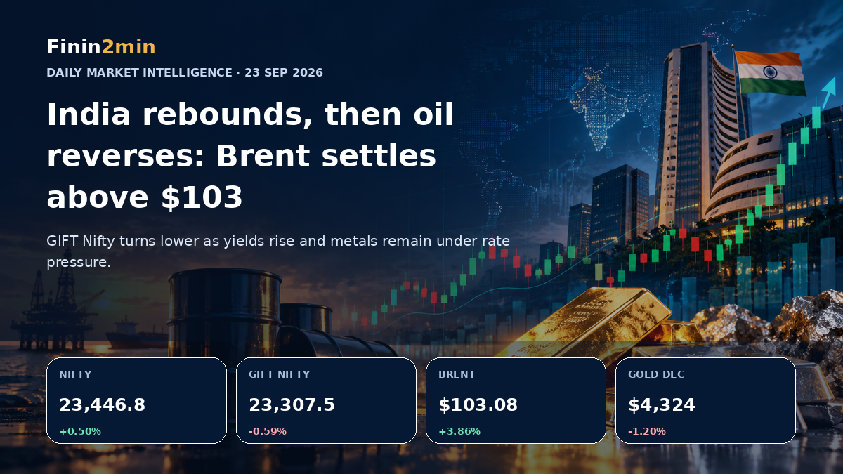 Finin2min 23 September 2026 market wrap showing Nifty, GIFT Nifty, Brent crude and gold
