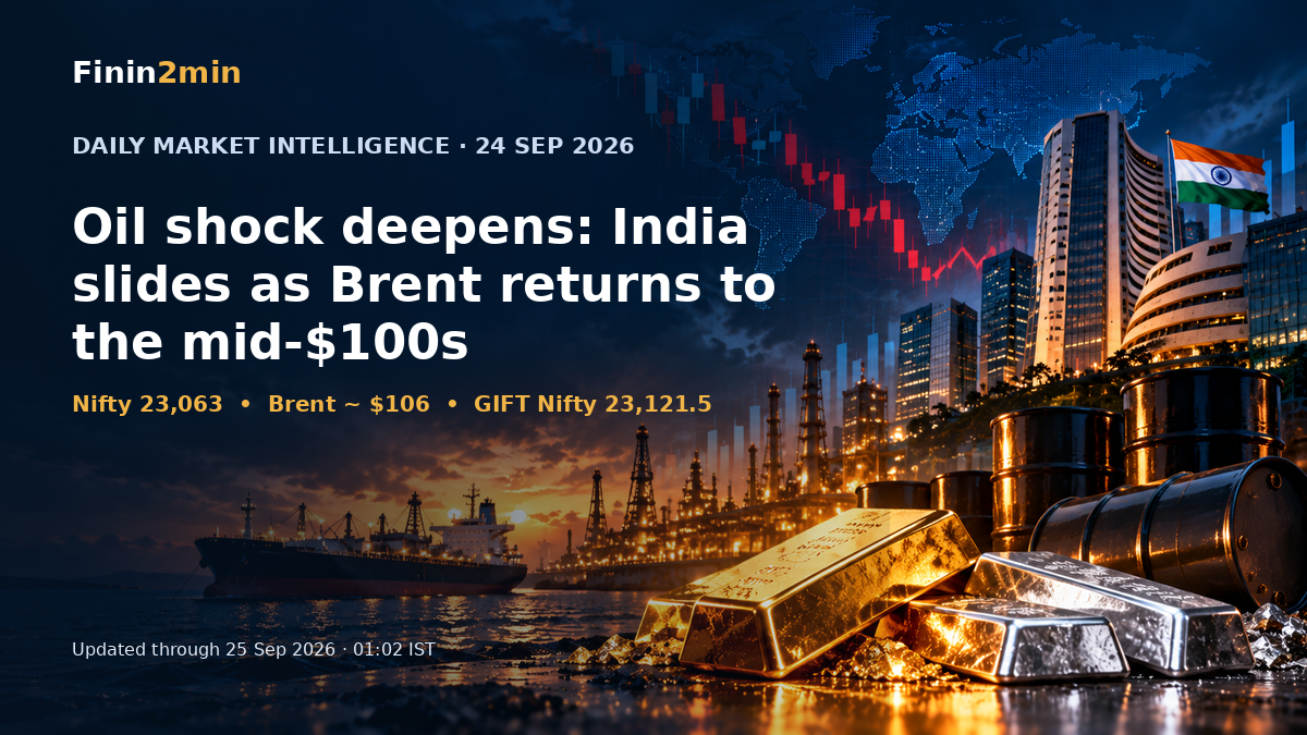 Finin2min 24 September 2026 daily market intelligence visual featuring crude oil, gold, silver and Indian markets