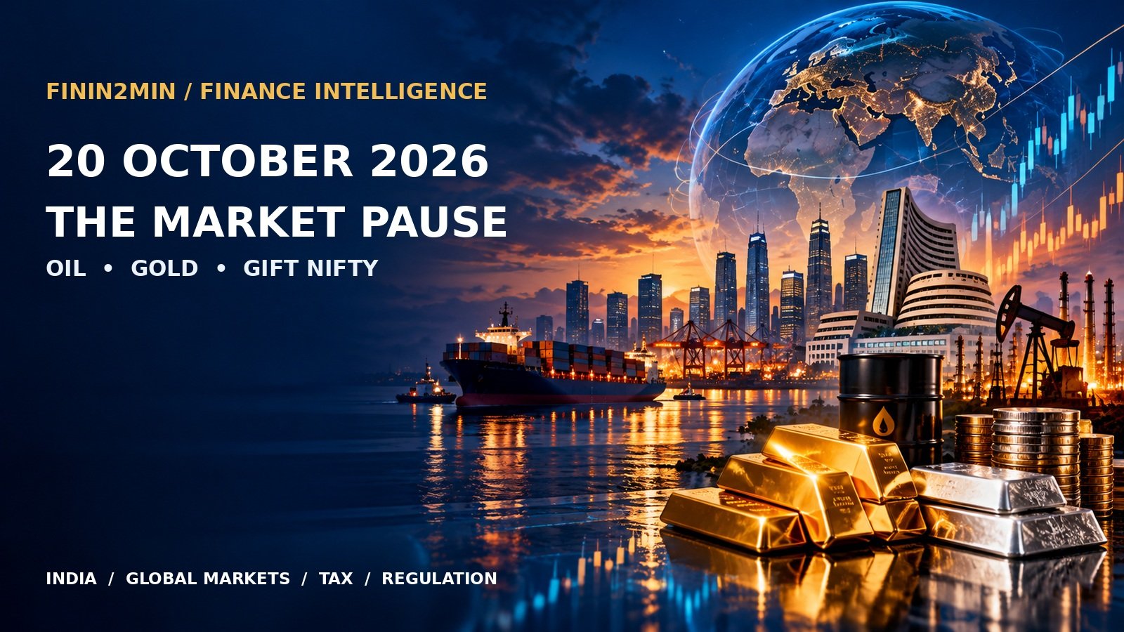 Finin2min finance intelligence illustration with oil, gold, silver and global market skyline