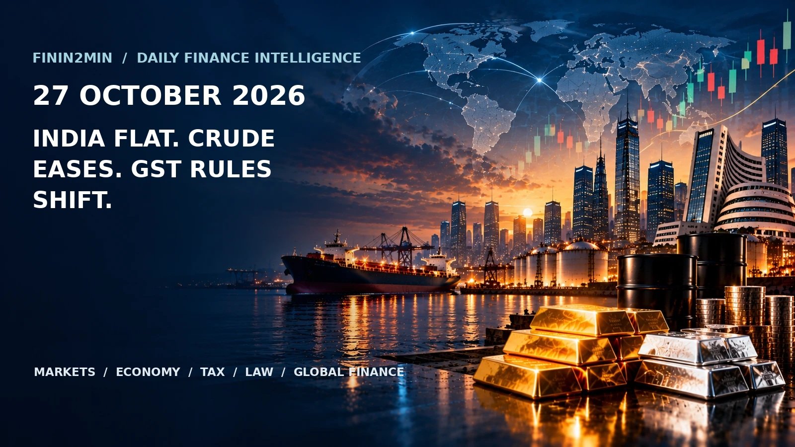 Finin2min daily financial intelligence cover featuring India markets, oil, gold and global finance