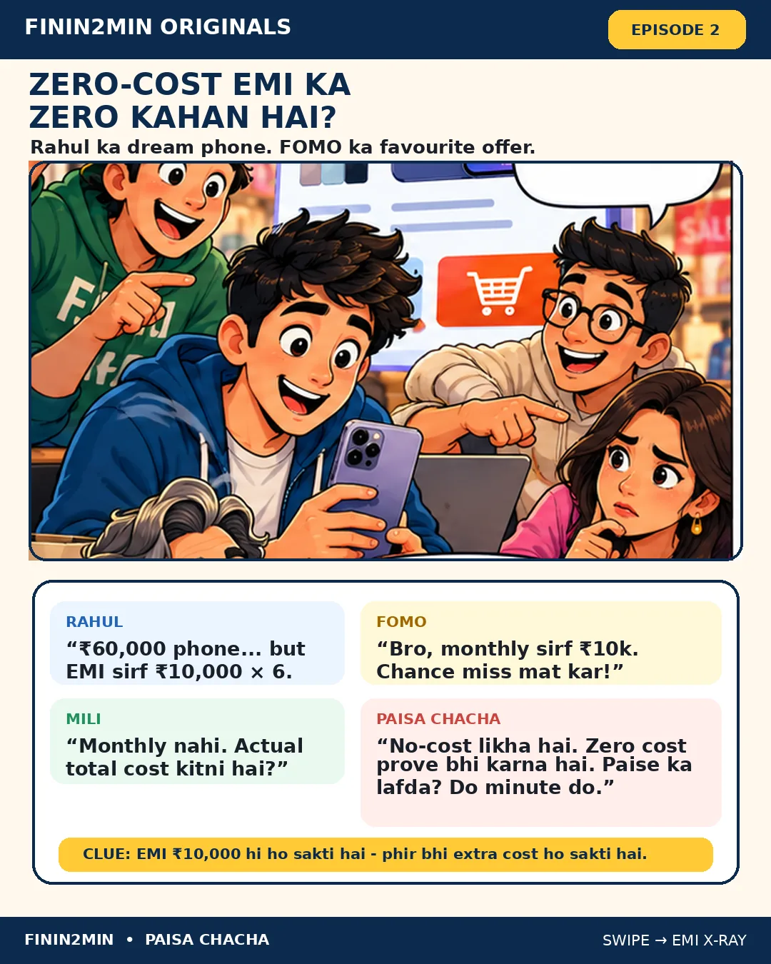 Paisa Chacha Episode 2 comic: Rahul and friends look at a ₹60,000 phone on a ₹10,000 × 6 no-cost EMI while Mili asks for the actual total cost.