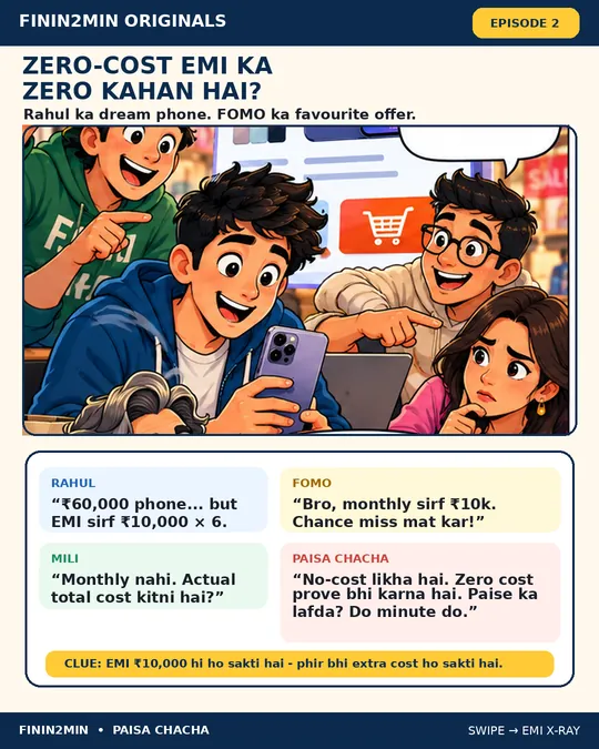 Rahul and friends choosing a phone on no-cost EMI