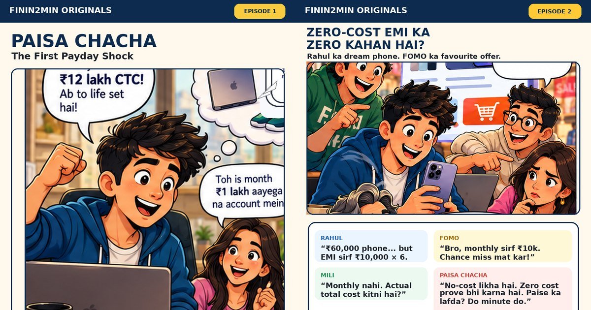 Paisa Chacha comic covers: Episode 1, the first payday shock, and Episode 2, zero-cost EMI